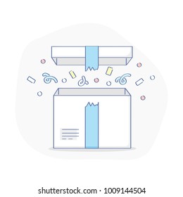 Surprise, wonder, gift, open present box with confetti. Symbol of something new: benefit, reward, bonus or a long-awaited delivery. Flat outline modern vector illustration.