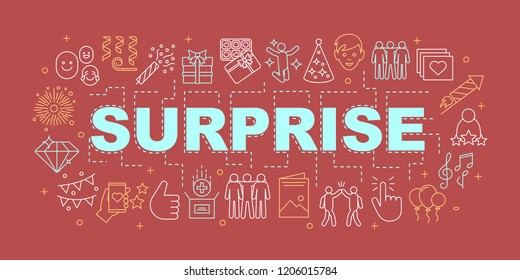 Surprise word concepts banner. Holiday celebration. Birthday party. Presentation, website. Isolated lettering typography idea with linear icons. Vector outline illustration