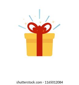 Surprise yellow box with red bow. Delight present. Flat design. Vector.