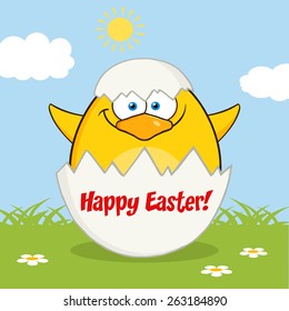 Surprise Yellow Chick Cartoon Character Out Of An Egg Shell. Vector Illustration With Text And Background