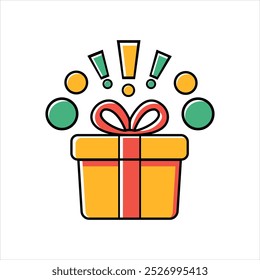 Caja de regalo amarilla sorpresa, regalo de la delicia, celebración de cumpleaños, paquete de regalo especial, recompensa del programa de lealtad, regalo de la maravilla con signo de exclamación, Vector de estilo de dibujos animados