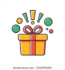 Caja de regalo amarilla sorpresa, regalo de la delicia, celebración de cumpleaños, paquete de regalo especial, recompensa del programa de lealtad, regalo de la maravilla con signo de exclamación, Vector de estilo de dibujos animados