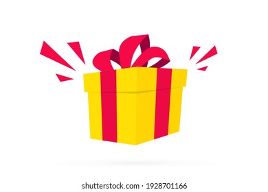 Surprise yellow gift box in flat design. Gift box. Present box. Surprise in the box. Template design for surprise, birthday celebration event, presents, birthday, Christmas