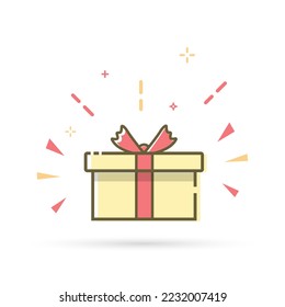 Surprise yellow gift box. Holiday gift box tied with ribbon. Isolated vector illustration