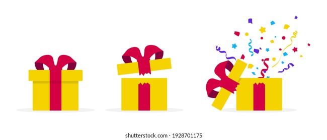 Surprise yellow gift boxes in flat design. Opened gift box with confetti. Present boxes. Surprise in the box. Template design for surprise, birthday celebration event, presents, birthday, Christmas