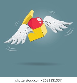 Surprise yellow heart gift box flying with wings graphic design illustration