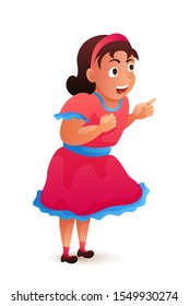Surprised and admired little girl in pink dress. Pretty cute small female standing isolated on white backdrop. Happy cartoon character watching amusement performance. Vector flat illustration