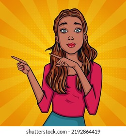 Surprised African American fashion girl pointing both finger to direction pop art style background