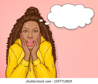 Surprised african american woman with afro hair and open mouth. Vector pop art illustration of excited or confused black girl with speech bubble