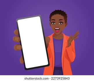 Surprised African American woman in bright colors clothes showing blank phone screen on purple background vector illustration 