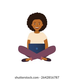 Surprised african american woman. The laptop is on the girl's lap.  Vector illustration in flat style