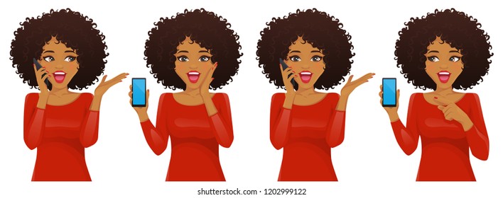 Surprised african american woman with phone and afro hairstyle vector illustration