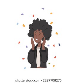 Surprised african american woman smiling cheerfully, flat vector illustration isolated on white background. Young woman happy and surprised surrounded with confetti.