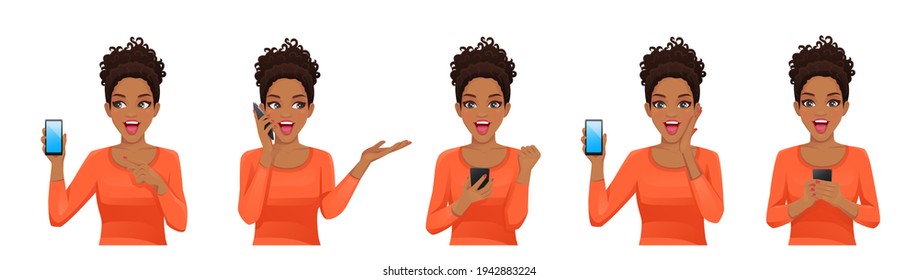 Surprised african shocked beatiful woman with phone set isolated vector illustration