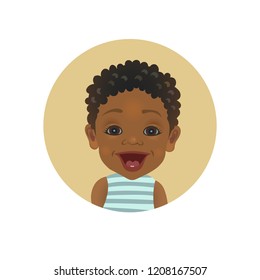 Surprised Afro American baby emoticon. Astonished African child avatar.Cute amazed dark-skinned toddler facial expression isolated vector illustration  