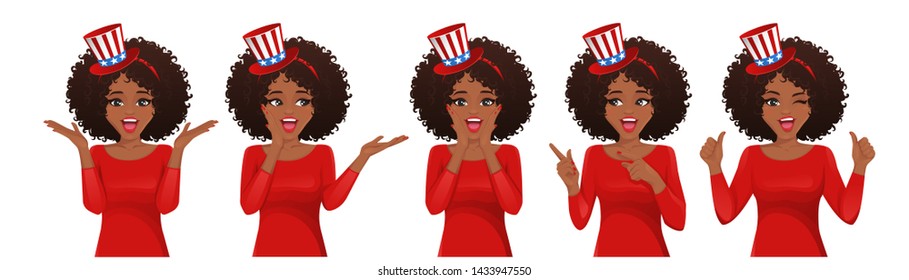 Surprised with afro hairstyle in 4th july headband collection isolated vector illustration