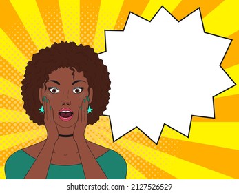 Surprised afro woman. Comic woman. Wow face female. Pop Art vintage vector illustration