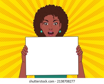 Surprised afro woman holds in her hands a sheet of paper with a place for text. Wow face female. Vector illustration