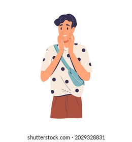 Surprised amazed man standing and looking at smth in astonishment and amazement. Excited happy person with astonished wow face expression. Flat vector illustration isolated on white background
