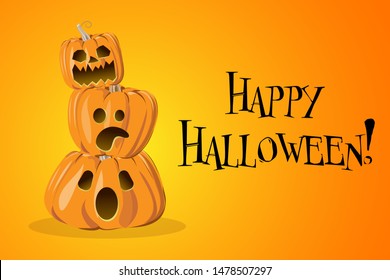 Surprised, angry, scary, funny pumpkins on top of each other on orange background. Greeting card with inscription Happy Halloween.
