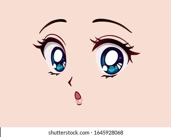 Surprised anime face. Manga style big blue eyes, little nose and kawaii mouth. Hand drawn vector cartoon illustration. 