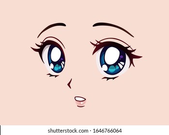 Surprised anime face. Manga style big blue eyes, little nose and kawaii mouth. Hand drawn vector cartoon illustration. 