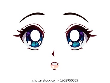 Surprised anime face. Manga style big blue eyes, little nose and kawaii mouth. Hand drawn vector cartoon illustration.