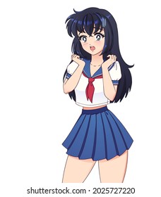 Surprised anime manga girl with black hair wearing school uniform with cute paw hands isolated on white background.
