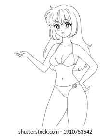 Surprised anime manga girl wearing swimsuit isolated on white background. Empty space for banner text