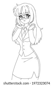Surprised anime manga girl wearing office suit with cute paw hands isolated on white background.