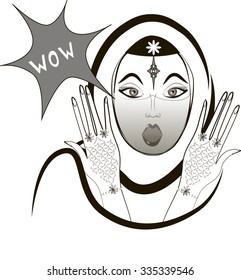 Surprised arabic woman face with open mouth. WOW bubble and expression, look and word. Vector illustration
