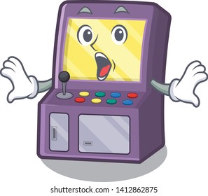 Surprised arcade machine next to mascot table