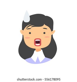 Surprised Asian Emoji character. Cartoon style emotion icons. Isolated girl avatars with shock facial expressions. Flat illustration women's emotional face. Hand drawn vector drawing emoticon