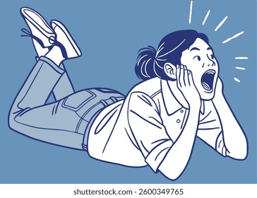 Surprised Asian woman reclines on her hands and shouting while looking at the camera over blue background

