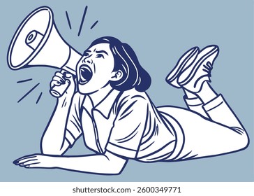 Surprised Asian woman reclines on her hands and shouting while looking at the camera over blue background
