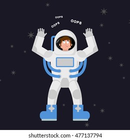 Surprised astronaut says OOPS. Perplexed cosmonaut in dark space
