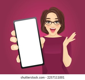 Surprised attractive mature woman showing blank phone screen vector illustration 