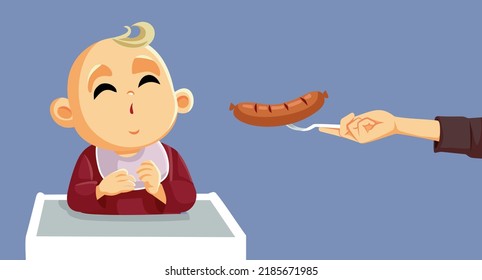 
Surprised Baby Receiving a Sausage from His Mom Vector Cartoon Illustration. Father feeding wurst lunch to a little infant
