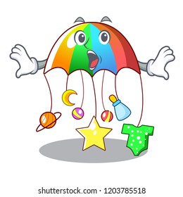 Surprised baby sleeping with cartoon hanging toys