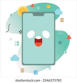 Surpresa Bashful Emoji em uma tela de Smartphone: Design de Ilustração Moderno com um toque criativo de elementos geométricos coloridos | Bashful Icon Design Bashful surpreso na tela do smartphone