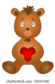 Surprised bear cub sitting on his hind legs, holding in his hands symbolical heart valentine