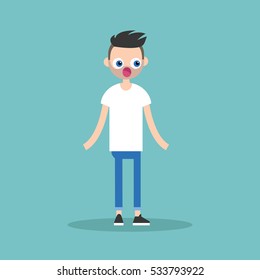 Surprised bearded man standing with protruding eyes and open mouth / flat editable vector illustration