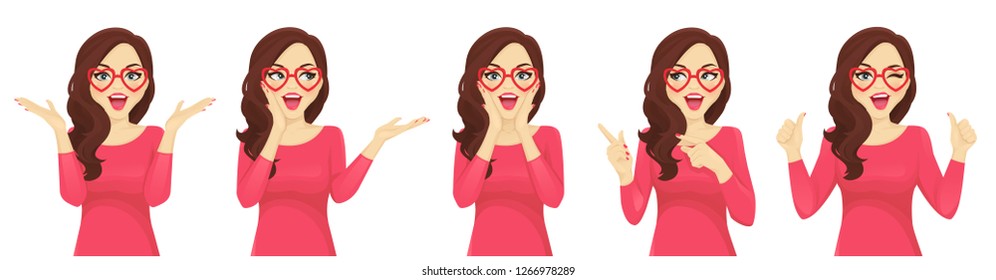 Surprised beautiful girl in hearts glasses vector illustration isolated