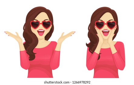 Surprised beautiful girl in hearts glasses vector illustration isolated