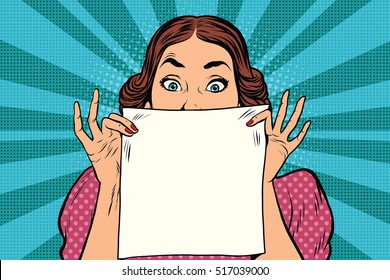 Surprised beautiful retro woman, square white sheet of paper, pop art vector illustration