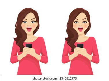 Surprised Beautiful Wave Hairstyle Woman Holding Mobile Phone In Hand Isolated Vector Illustration