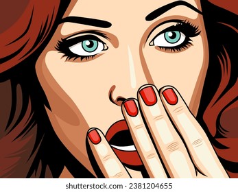 Surprised beautiful woman covering her open mouth with hand, vector illustration in vintage comic pop art style. Shock, amazement