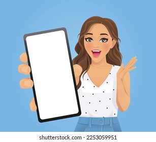 Sorprendida hermosa mujer con estilo de pelo rizado mostrando ilustración vectorial de pantalla de teléfono en blanco 