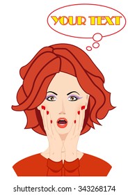 Surprised beautiful woman face with open mouth and hands covering her face. YOUR TEXT bubble. WOW expression and look. Use for for company logos, print products, page and web decor or other design.
