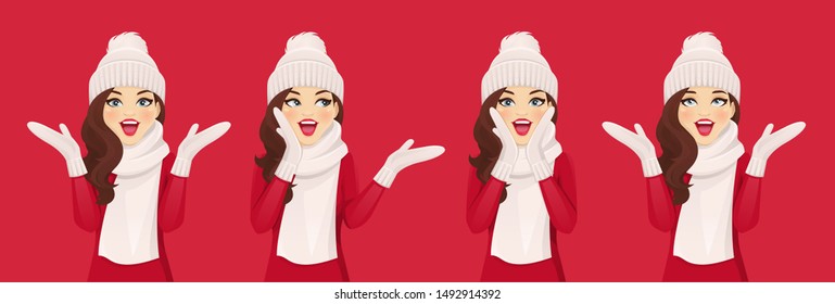 Surprised beautiful woman in knitted hat with warm scarf and mittens set on red background vector illustration